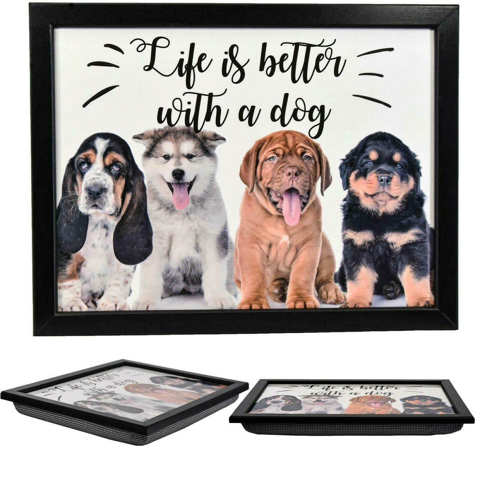 MTS Wooden Lap Trays with Bean Bag Cushion - Dog Design - Large Padded Tray for Kids and Adults - Suitable for Food, Work, Art, Studies, TV, Sofa, Bed - Great for Dog Lovers