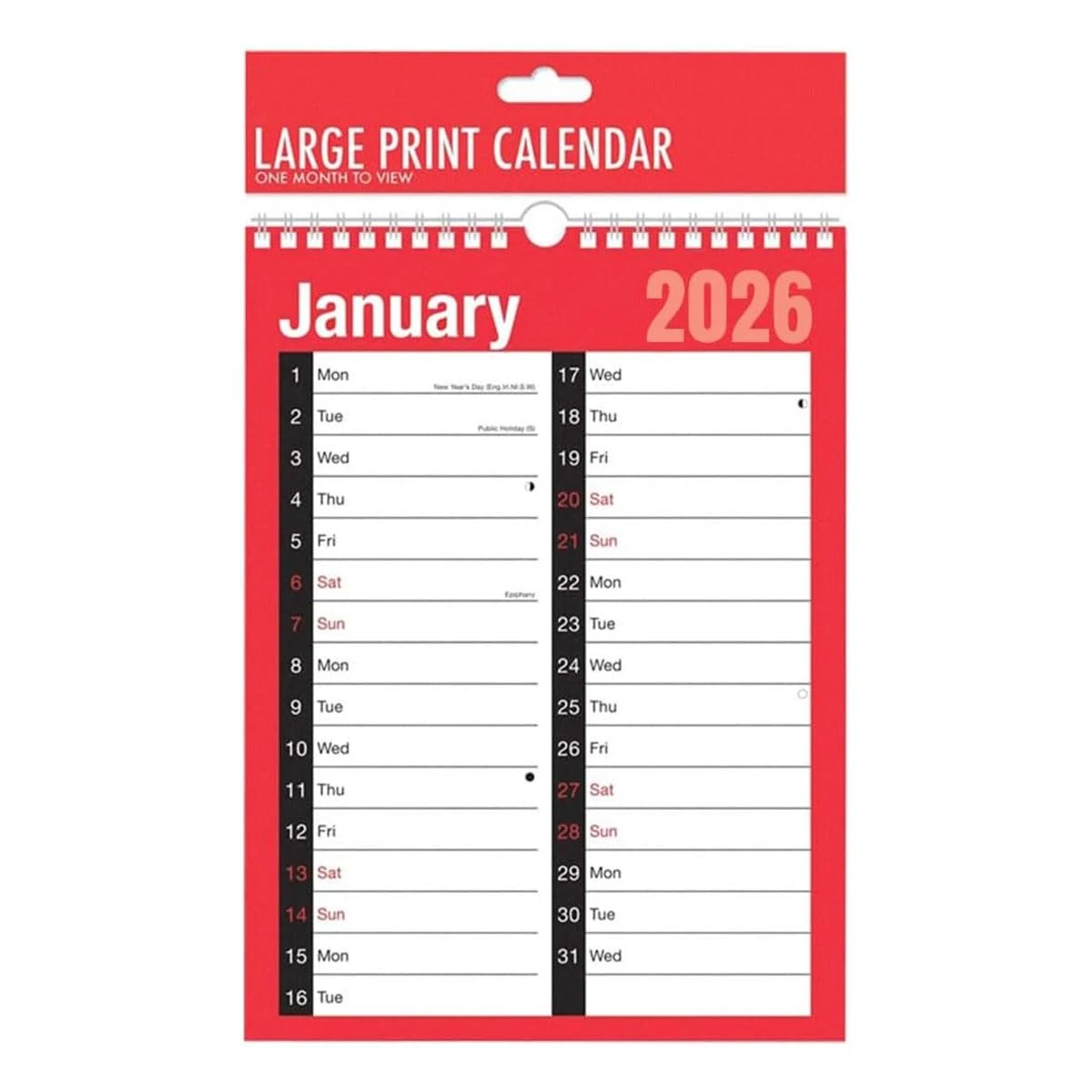 2026 Calendar A4 Large 2 Column Month To View Spiral Bound Wall Planner for Home Business Office School 1 January 2026 to 31 December 2026
