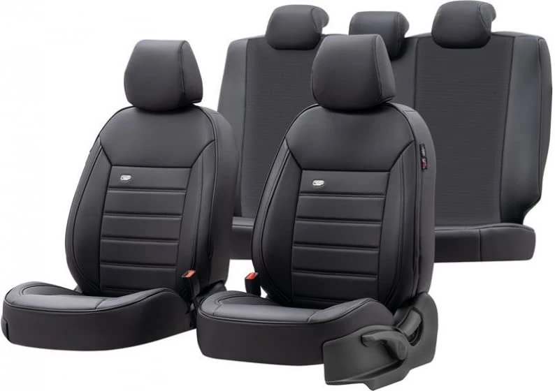 otoM Universal Full-Leather Seat cover set 'Premium' Black - 11-pieces - compatible with Side-Airbags