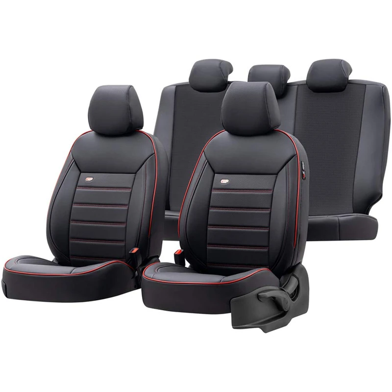 otoM Universal Full-Leather Seat cover set 'Premium' Black + Red trim - 11-pieces - compatible with Side-Airbags