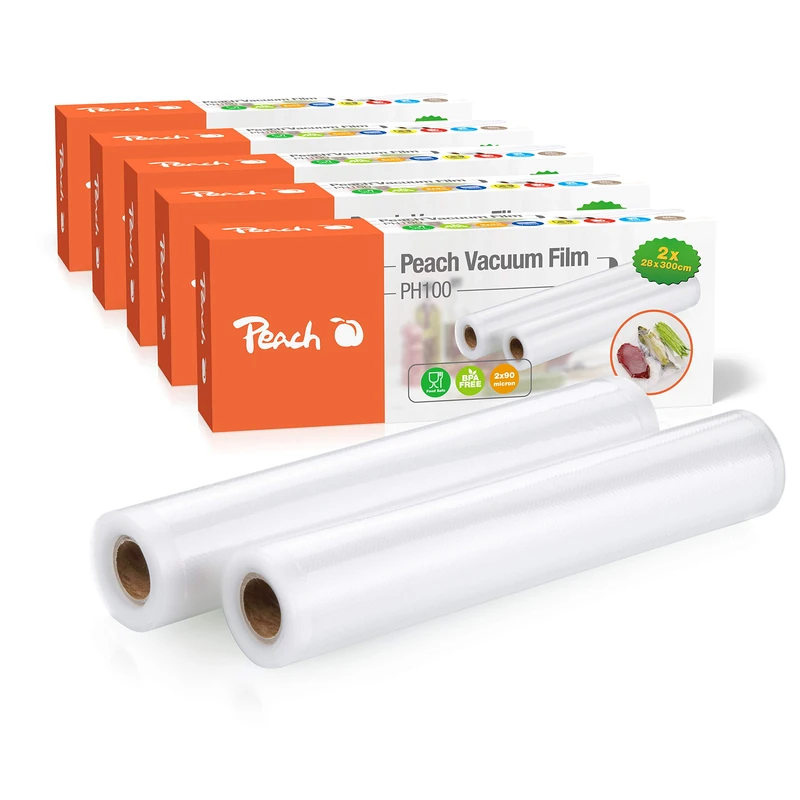 Peach PH100P Vacuum Sealing Film | 10 Rolls | 28 x 300 cm | 2 x 90 mic | 7-Ply | Suitable for zer Boiling Water | Sous Vide Cooking