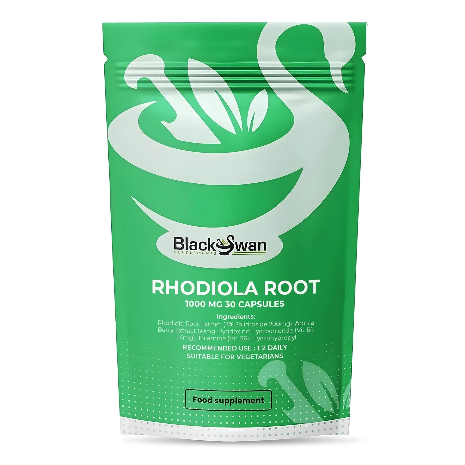 Black Swan Rhodiola Root Capsules - 1000mg Enhanced Energy Level Immune System Support Weight Management Muscle Support Natural Vegan Supplement - 30 Capsules 1 Month Supply