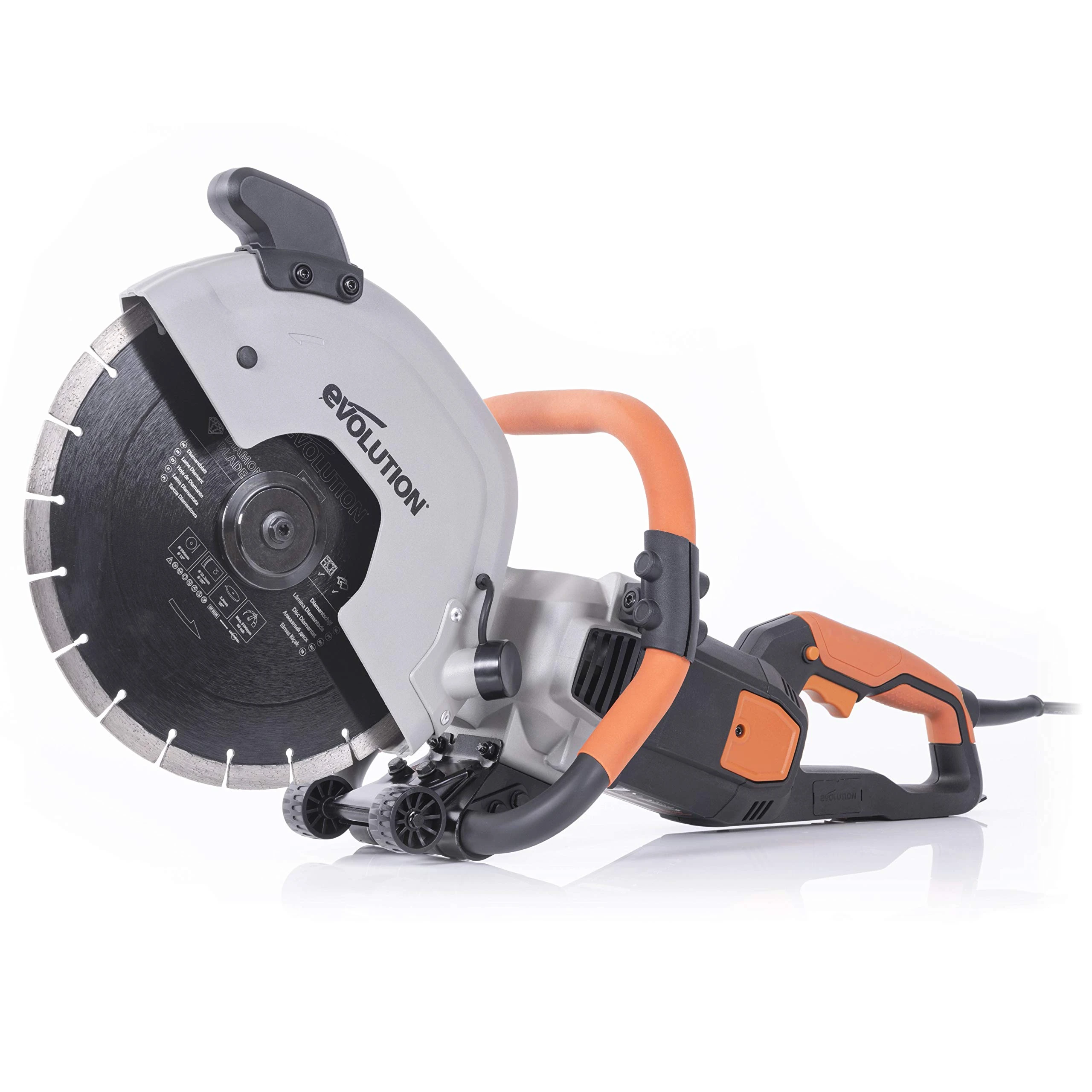 Evolution Power Tools Evolution R300DCT 300 mm Concrete Saw - 2400 W Motor, No Gas, Incl Diamond Masonry Blade, 230V, Domestic Use, Orange, 115 mm Cut