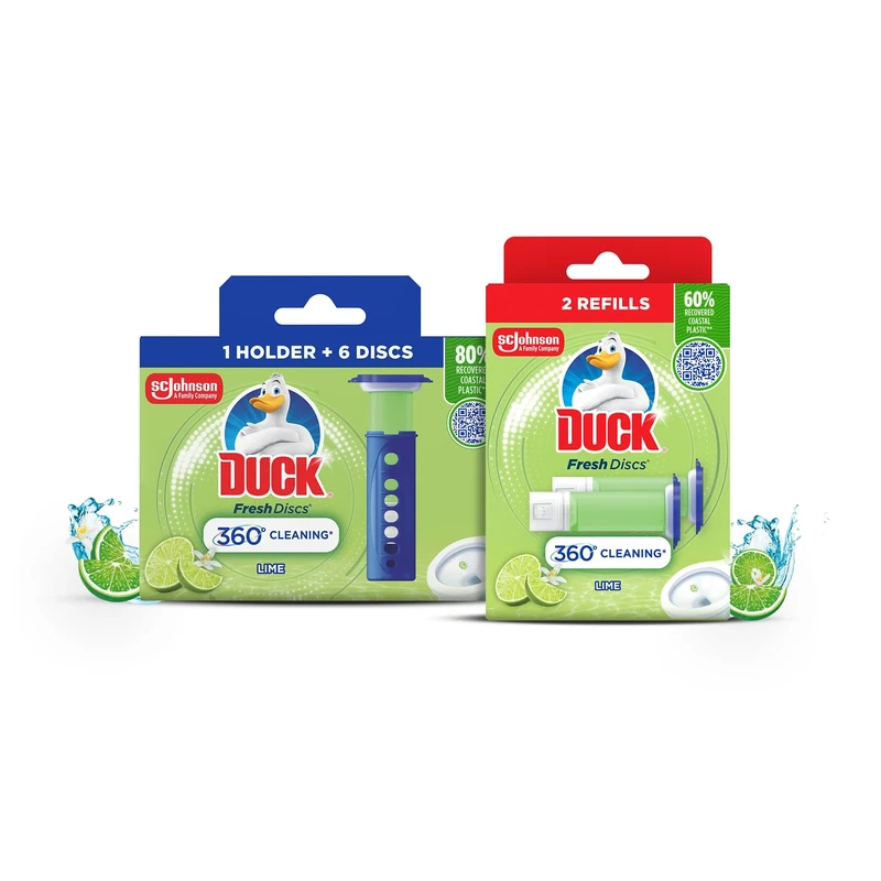 Duck Fresh Discs Toilet Cleaner Starter Kits, Fights Stains That Harbour Germs, Prevents Limescale Build Up, Lime, Starter Kit (1 Holder + 3 Refill Tubes)