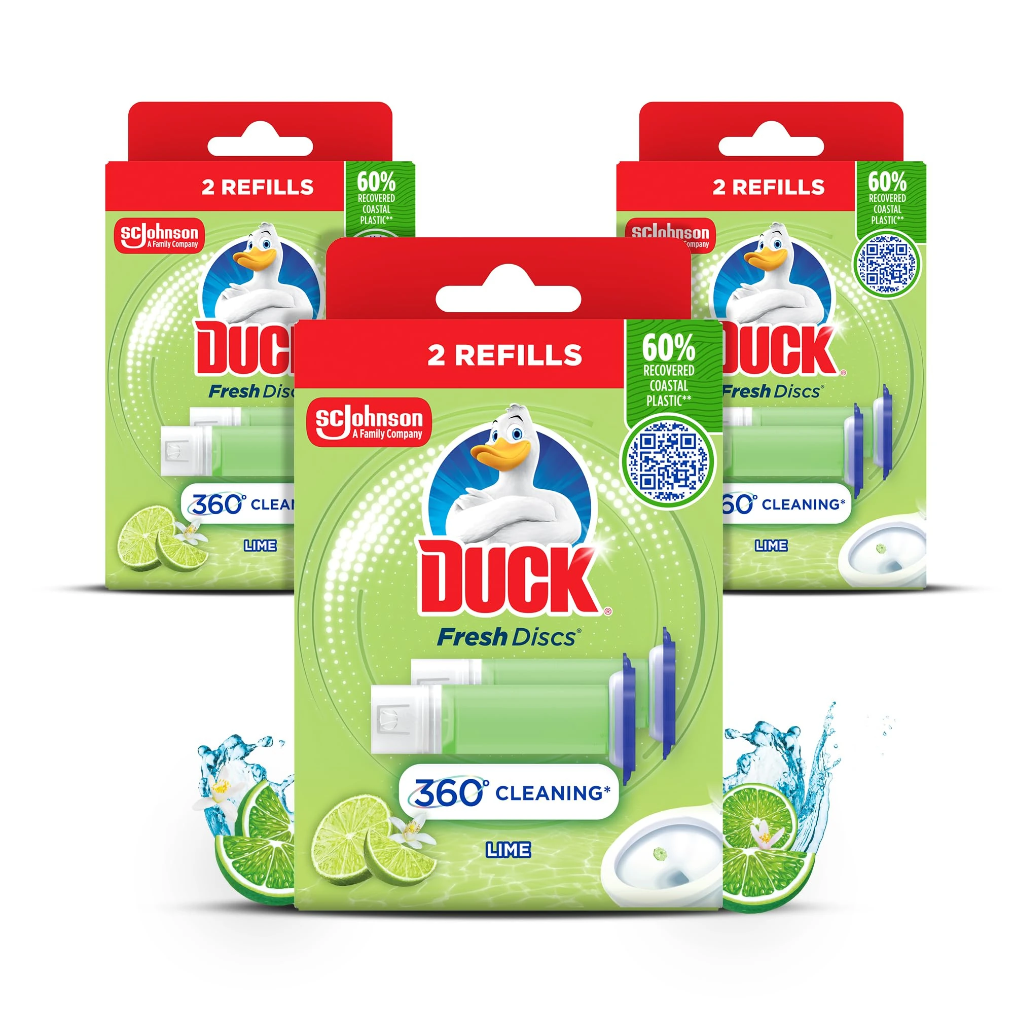 Duck Fresh Discs Toilet Cleaner Refill Twin Pack, Fights Stains That Harbour Germs, Prevents Limescale Build Up, Lime, Pack of 3 (Total of 6 Refill Tubes)