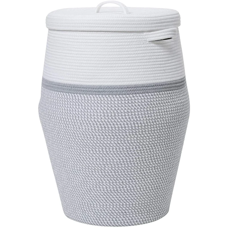 26" x 20" Tall Extra Large Storage Basket with Lid, Cotton Rope Storage Baskets, Woven Laundry Hamper with Cover, Toy Storage Bin, for Toys Blanket in Living Room, Baby Nursery, White/Grey Mix