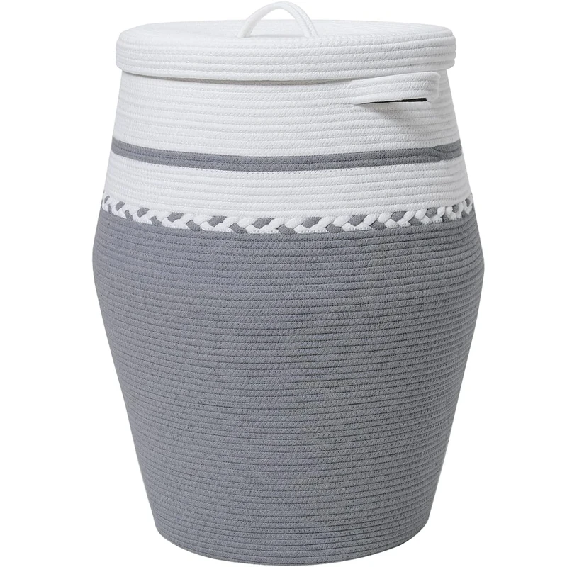 26" x 20" Tall Extra Large Storage Basket with Lid, Cotton Rope Storage Baskets, Woven Laundry Hamper with Cover, Cloth Storage Bin, for Clothes Blanket in Living Room, White/Grey