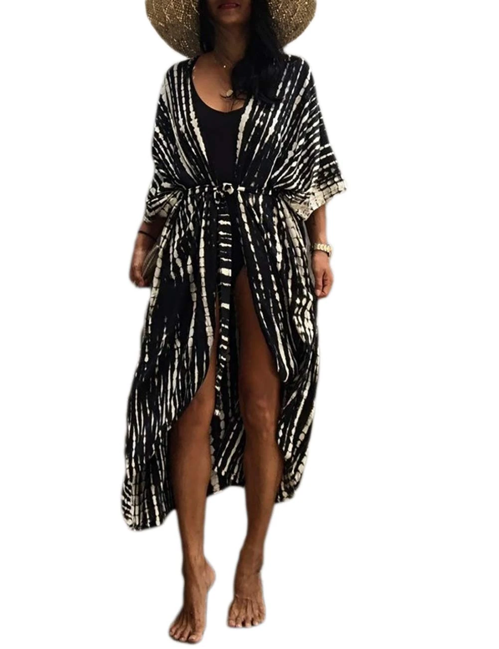 Bsubseach Women Tie Dye Long Beach Swimsuit Cover Ups for Swimwear Sexy Bikini Beach Kimono Cardigan Black