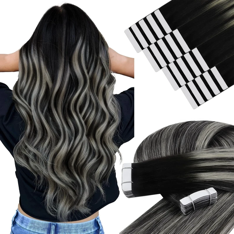YoungSee Human Hair Tape in Extensions Ombre Black to Silver Invisible Tape in Hair Extensions Human Hair for Short Hair Black Balayage Silver 12 Inch 30g 20pcs Lightweight