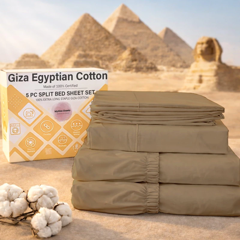 MyGiza Sheets 5 Pcs Split King Sheets Sets for Adjustable Beds, 100% Certified Giza Egyptian Cotton, Soft & Luxurious Sheets fits 16 inch Deep Pocket Mattress, Taupe