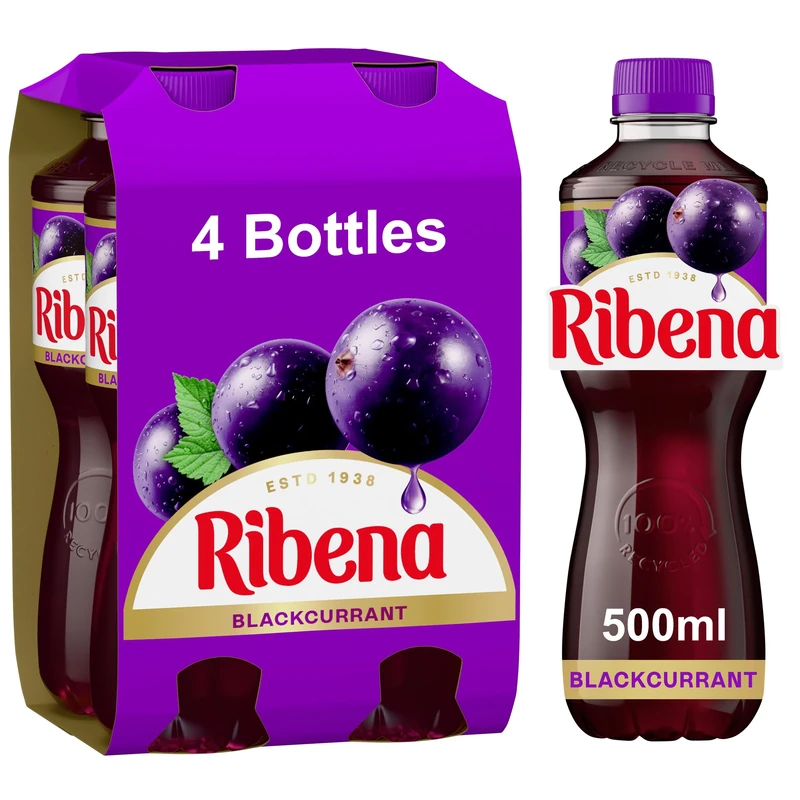 Ribena Blackcurrant Juice Drink 500ml - Multipack of 4 | Real Fruit | Rich In Vitamin C | No Artificial Colours or flavous | Fruity Refreshment | Ready To Drink | 100% Recycled Plastic Bottle
