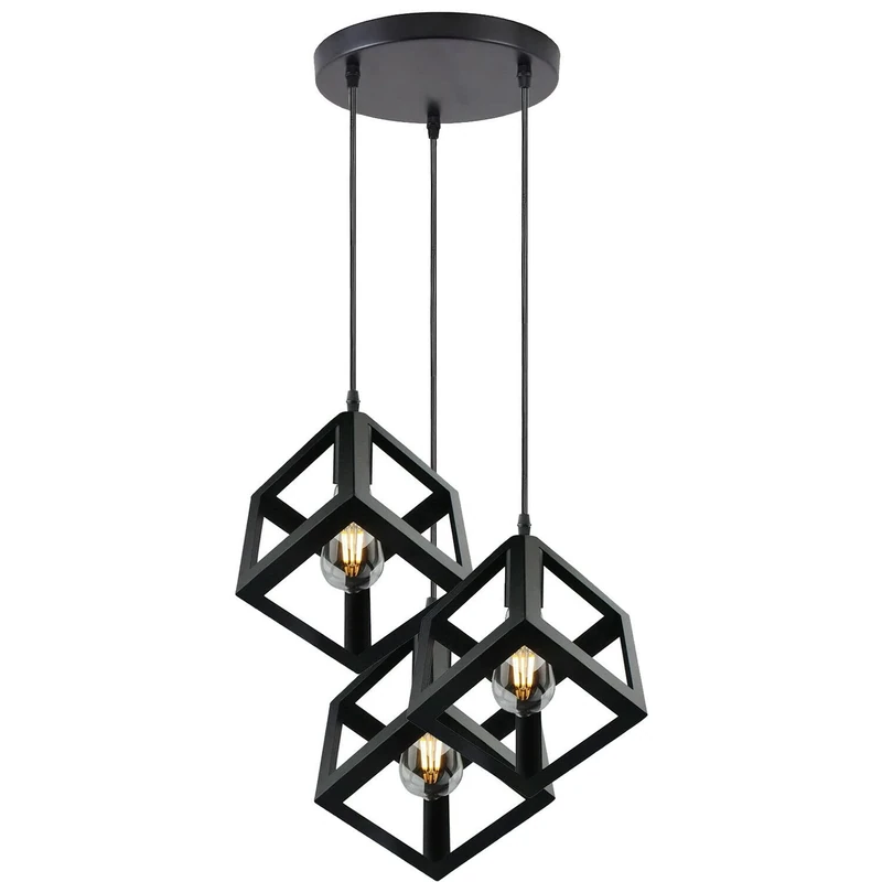 LEDSone 3 Lights Vintage Pendant Light, E27 Black Square Cage Shaped Shades Industrial Kitchen Lights Ceiling Pendant Lights Ideal for Bedroom Living Dining Room Hallway
