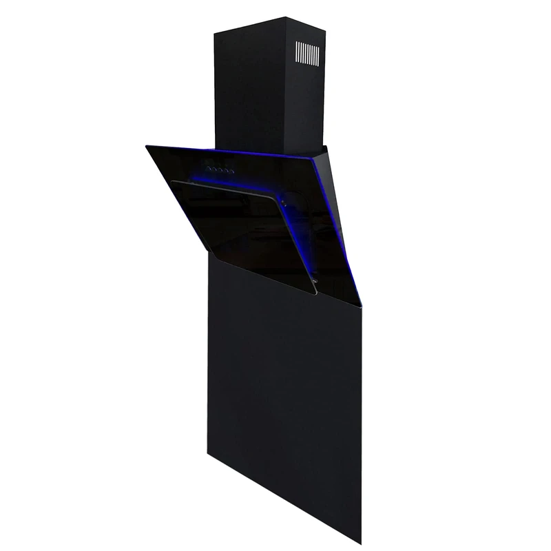 SIA AGE61BL 60cm Black Angled 3 Colour Edge Lit Kitchen Cooker Hood Chimney Extractor Fan & SP60BL Toughened Glass Splashback 60cm x 75cm