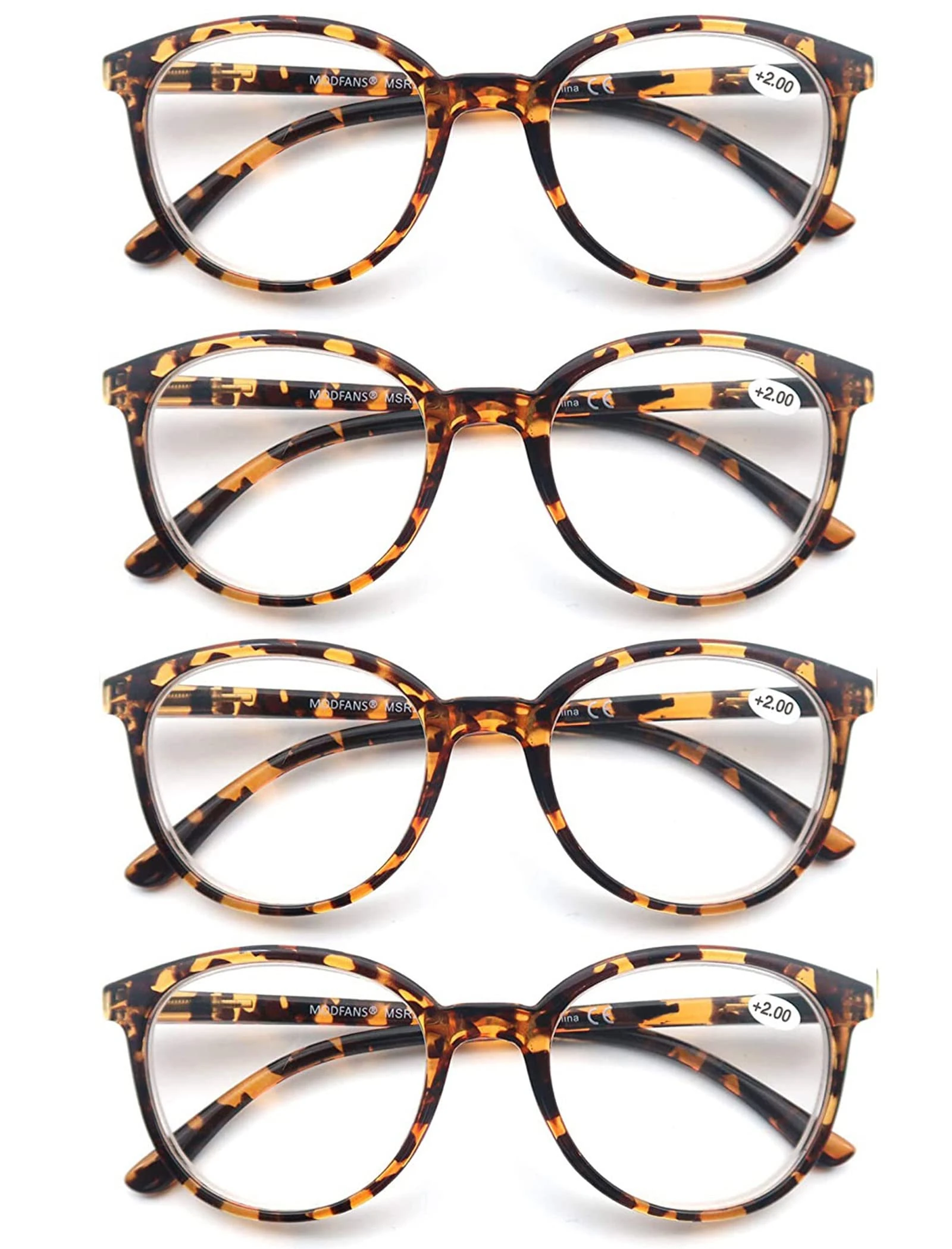 4-Pack Reading Glasses Fashion Printed for Men Women,Readers Glasses Round Frame Comfort Spring Hinges,Eyeglasses(4 Leopard)