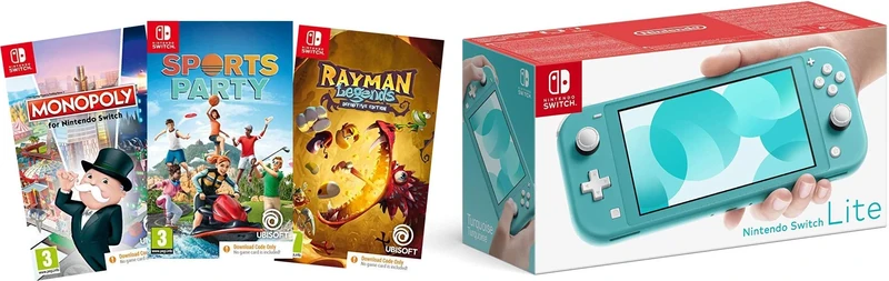 Nintendo Switch Lite - Turquoise + Sports Party (Code in Box) + Rayman Legends (Code in Box) + Monopoly (Code In Box)