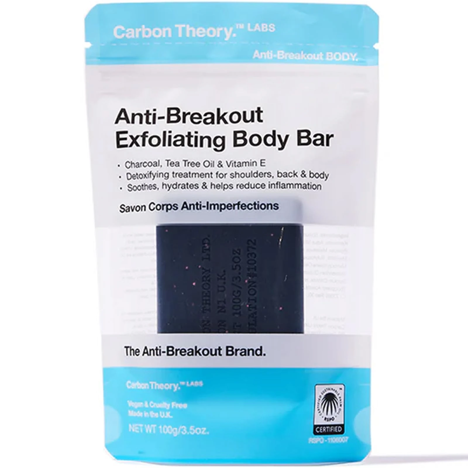 Carbon Theory Body Scrub Exfoliator Bar - Activated Charcoal Soap Bar, Tea Tree Body Wash Bar - Shea Butter, Charcoal and Tea Tree Soap Bar - Back & Body Spot Treatment, 100g