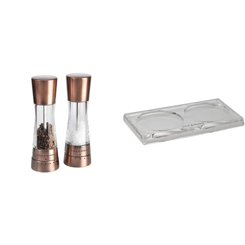Cole and Mason H59418G Gourmet Precision Derwent Copper Salt and Pepper Mill Gift Set - Manual salt and pepper grinders, 19 cm tall, in copper & Acrylic Mill Tray