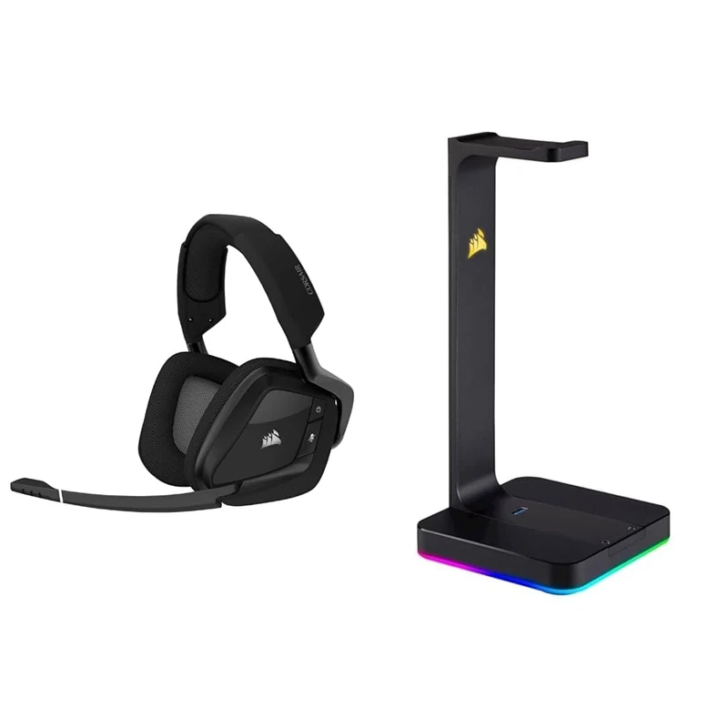 Corsair VOID ELITE RGB Wireless Gaming Headset - Black & ST100 RGB Premium Headset Stand (Durable Aluminium Construction, Dynamic 9 Zone RGB Lighting, Built-In 3.5 mm Analog Input, Black