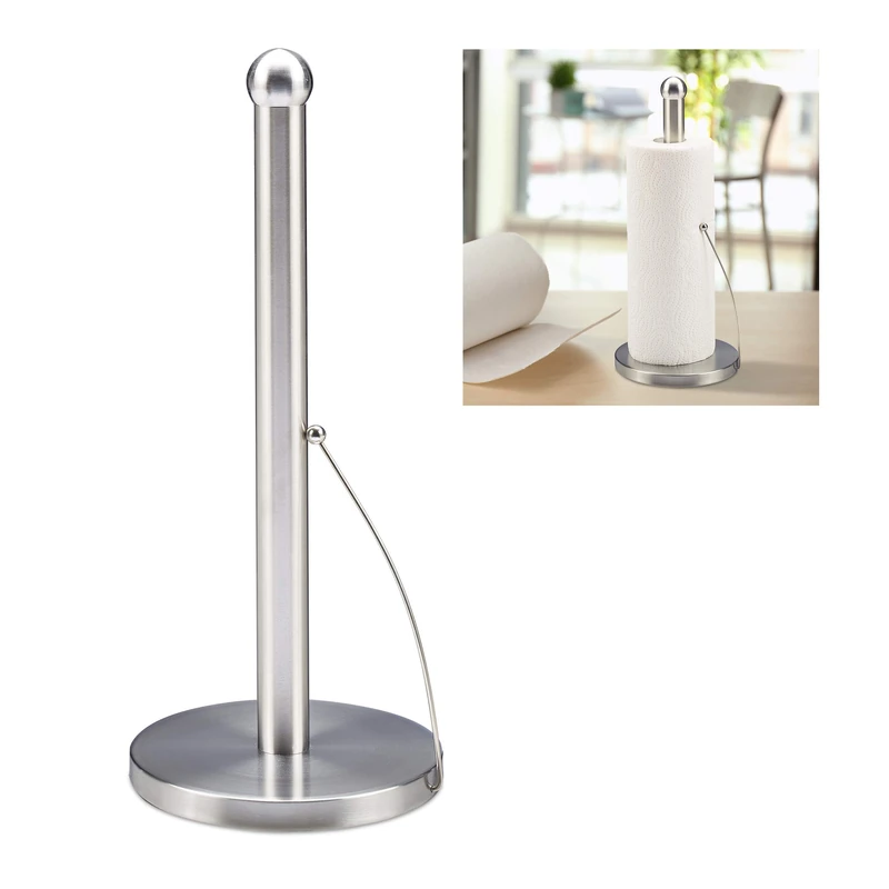 Relaxdays Kitchen Roll Holder Standing, Brushed Stainless Steel, Paper Towel Rack for the Kitchen, HxØ: 35x15 cm, Silver