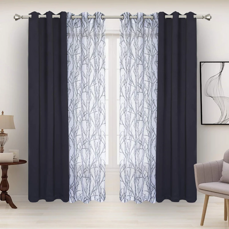 Bonzer Mix and Match Curtains - 2 Pieces Branch Print Sheer Curtains and 2 Pieces Blackout Curtains for Bedroom Living Room Grommet Window Drapes, 37x84 Inch/Panel, Grey Dark, Set of 4 Panels