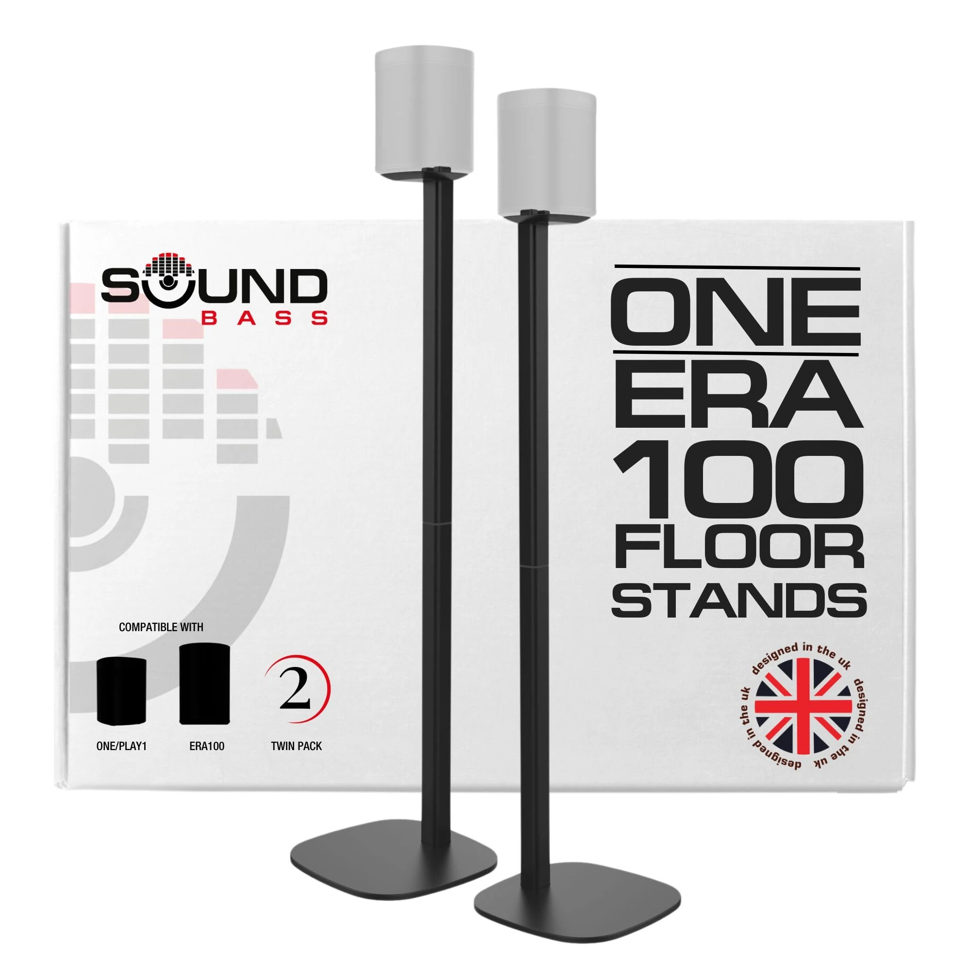 One / ERA100 Floor Stand Twin Pack (2pcs), Black | Compatible with Sonos One, Gen 2, Play:1, SL | Future-Proof Design Also Compatible with ERA 100, Designed by Sound Bass UK. Double, Pair