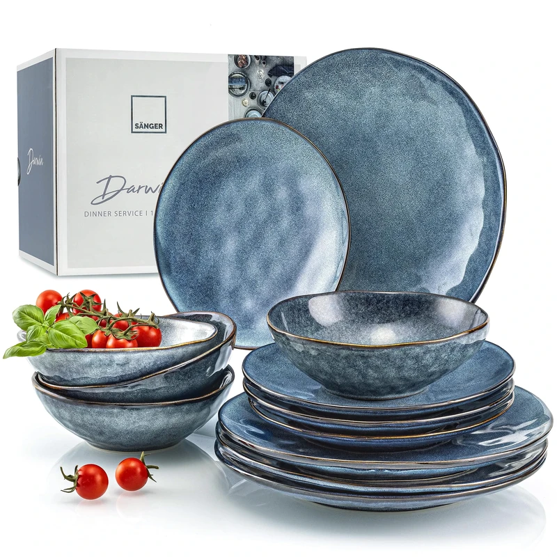 Sänger Dinner Service Darwin 12 Pieces - Combination Service for 4 Persons - Vintage Design, Plate Set, Coloured, dinnerware Set Design, Made of Stoneware