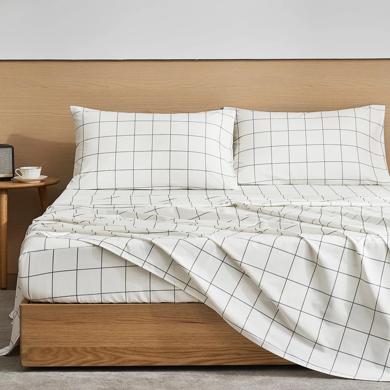 JELLYMONI 100% Cotton 4-Piece White Plaid King Sheet Set, Ultra Soft Breathable Deep Pocket Printed White with Black Grid Pattern Sheets with Pillowcases