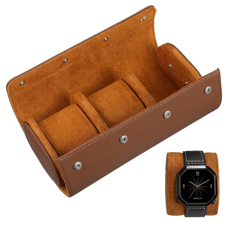 iplusmile Watch Box for Men - Watch Roll Case 3 Slot Leather Watch Case Organizer - Elastic PU Material Vintage Display Case Storage for Watch Jewelry