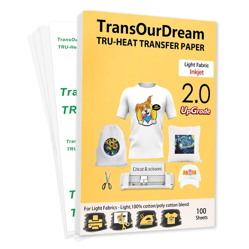 TransOurDream Tru-Transfer Paper - 100 Sheets A4 Inkjet Heat Transfer Paper Iron On Transfer Paper 2.0 for White and Light T Shirts Fabrics NO Mirror Print,Easy to Use (TRANS-2-100)