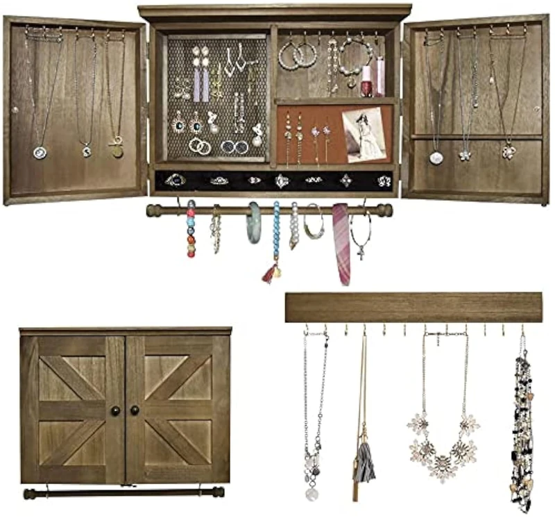 GLANT Rustic Wall Mounted Jewelry Organizer with Wooden Barndoor Decor,Wooden Wall Mount Holder,Jewelry holder for Necklaces, Earings, Bracelets, Ring Holder (Wood color)
