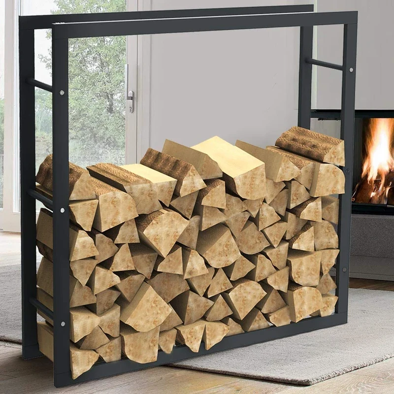 BAKAJI Vertical Log Holder Shelf Rectangular Metal Wood Door for Indoor Outdoor Woodshed Home Garden for Fireplace Fireplace Stove Modern Design (100 x 100 x 25 cm)