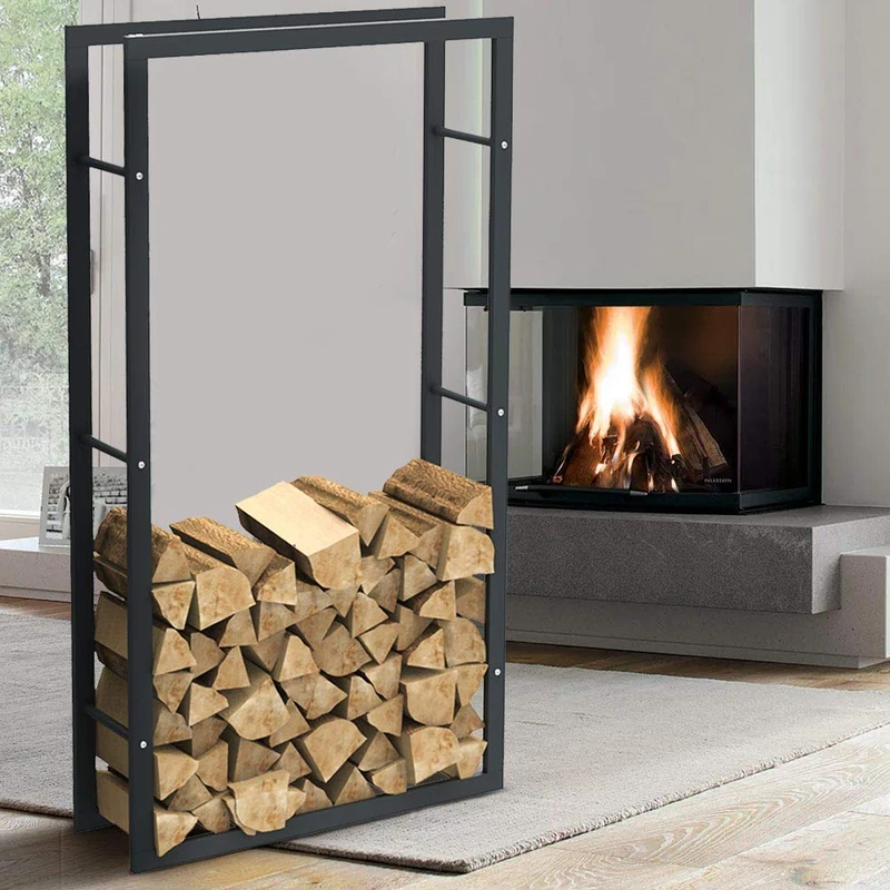 BAKAJI Vertical Wood Rack Shelf Holder Rectangular Metal Wood Door Outdoor Wood House Garden Fireplace Fireplace Stove Modern Design (150 x 25 x 80 cm)