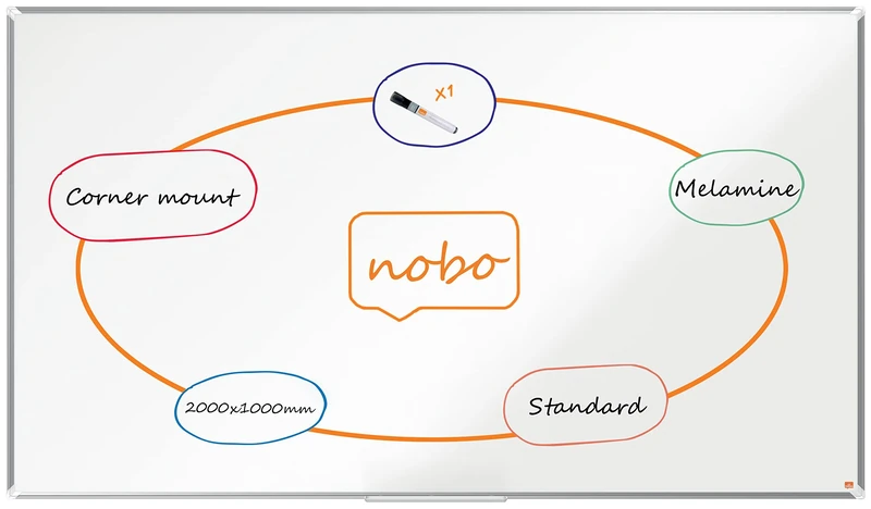 Nobo Melamine Whiteboard, Non-Magnetic, 2000 x 1000mm, Aluminium Trim, Corner Wall Mounting, Includes Whiteboard Pen, Premium Plus, 200 x 100cm, White, 1915172