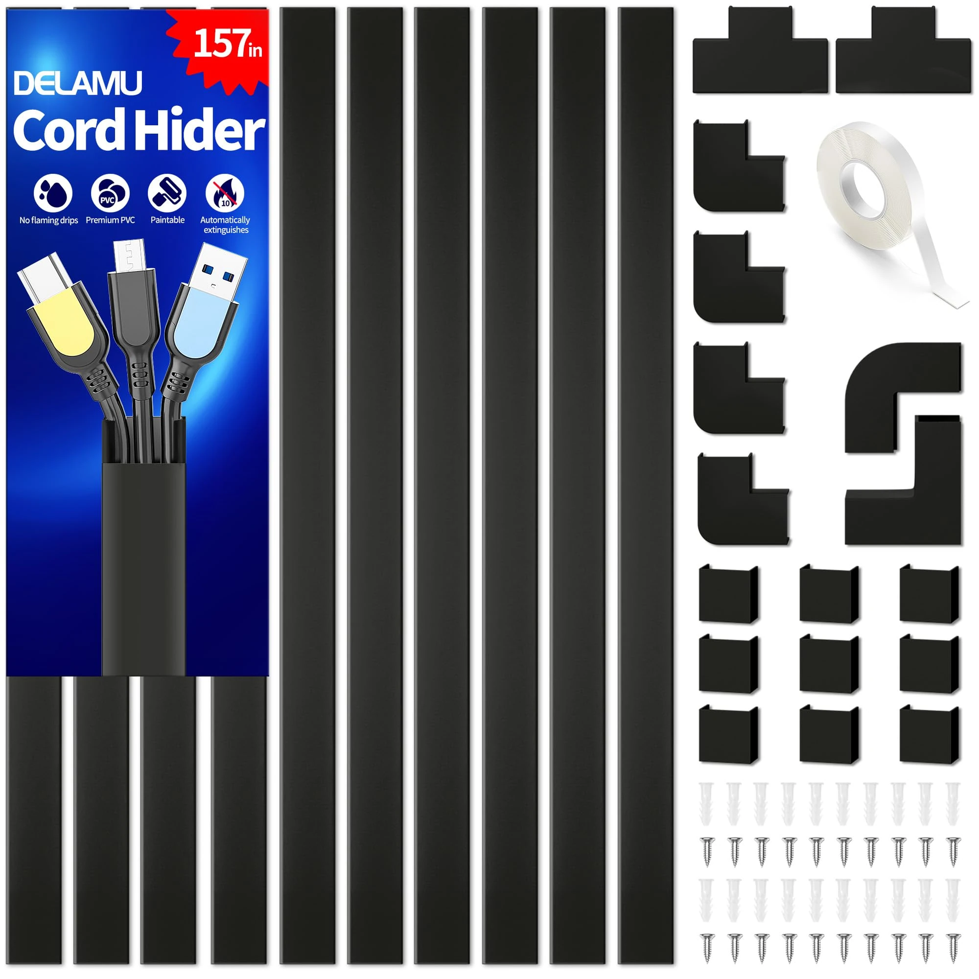 Delamu Electric Cable Trunking, 4M Cable Cover Wire Hiders for Wall, Self Adhesive Wire Trunking, Cable Management to Hide 2-3 Power Cords in Home Office, 10X L400mm, W24mm, H14mm, Black