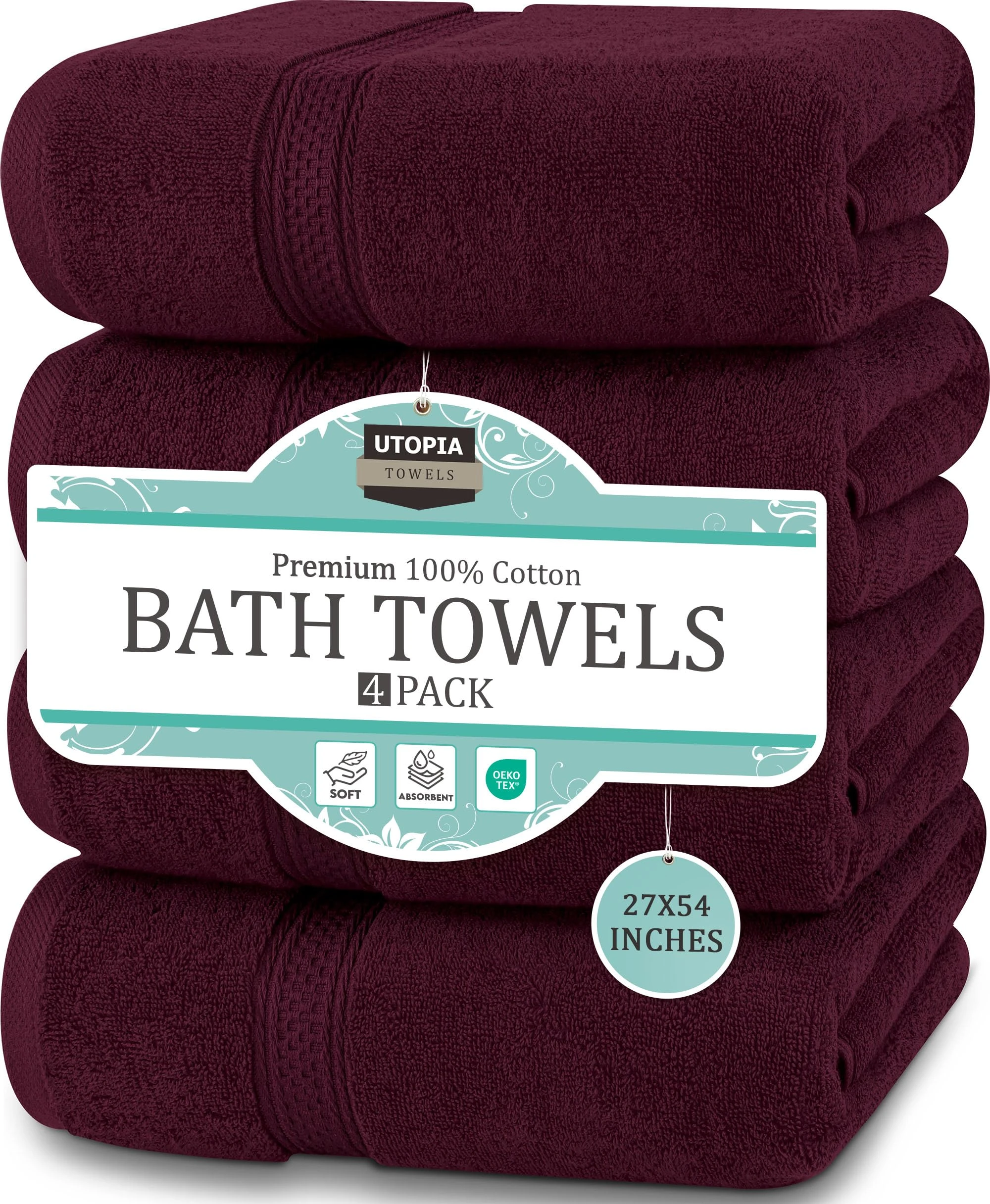Utopia Towels - 4 Piece Bath Towels Set (69 x 137 CM) - Premium 100% Ring Spun Cotton - Quick Dry, Highly Absorbent, Soft Feel Towels, Perfect for Daily Use (Burgundy)