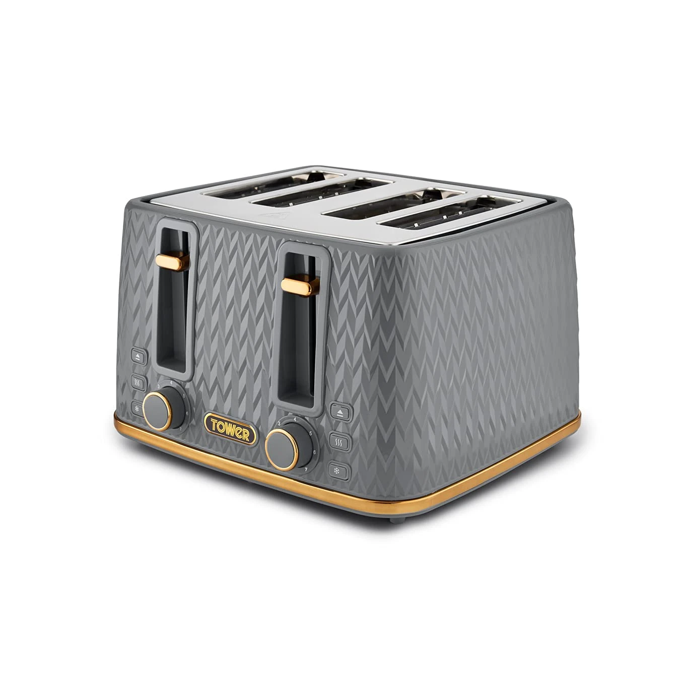 Tower T20061GRY Empire 4-Slice Toaster with Defrost/Reheat, Removable Crumb Trays, 1600W, Grey and Brass