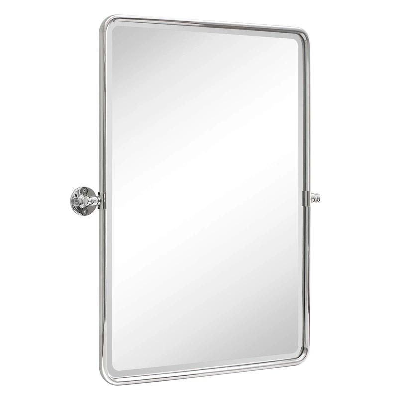 TEHOME 27 x 35'' Farmhouse Chrome Metal Framed Pivot Rectangle Bathroom Mirror Tilting Beveled Vanity Mirrors for Wall