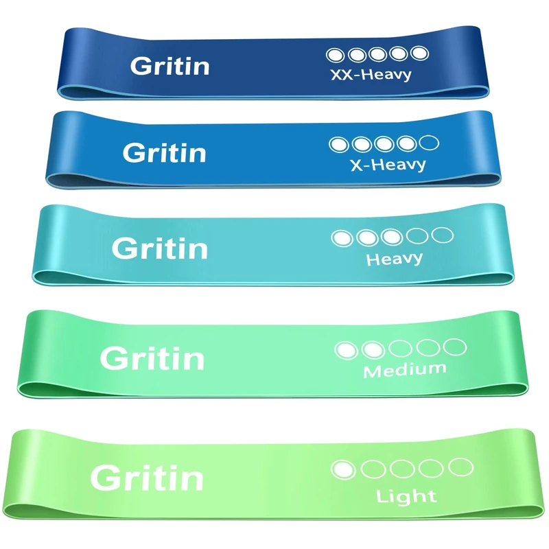 Gritin Resistance Bands, Set of 5 Skin-Friendly Resistance Fitness Exercise Loop Bands with 5 Different Strength Levels - Carrying Case Included - Ideal for Home, Gym, Yoga, Training