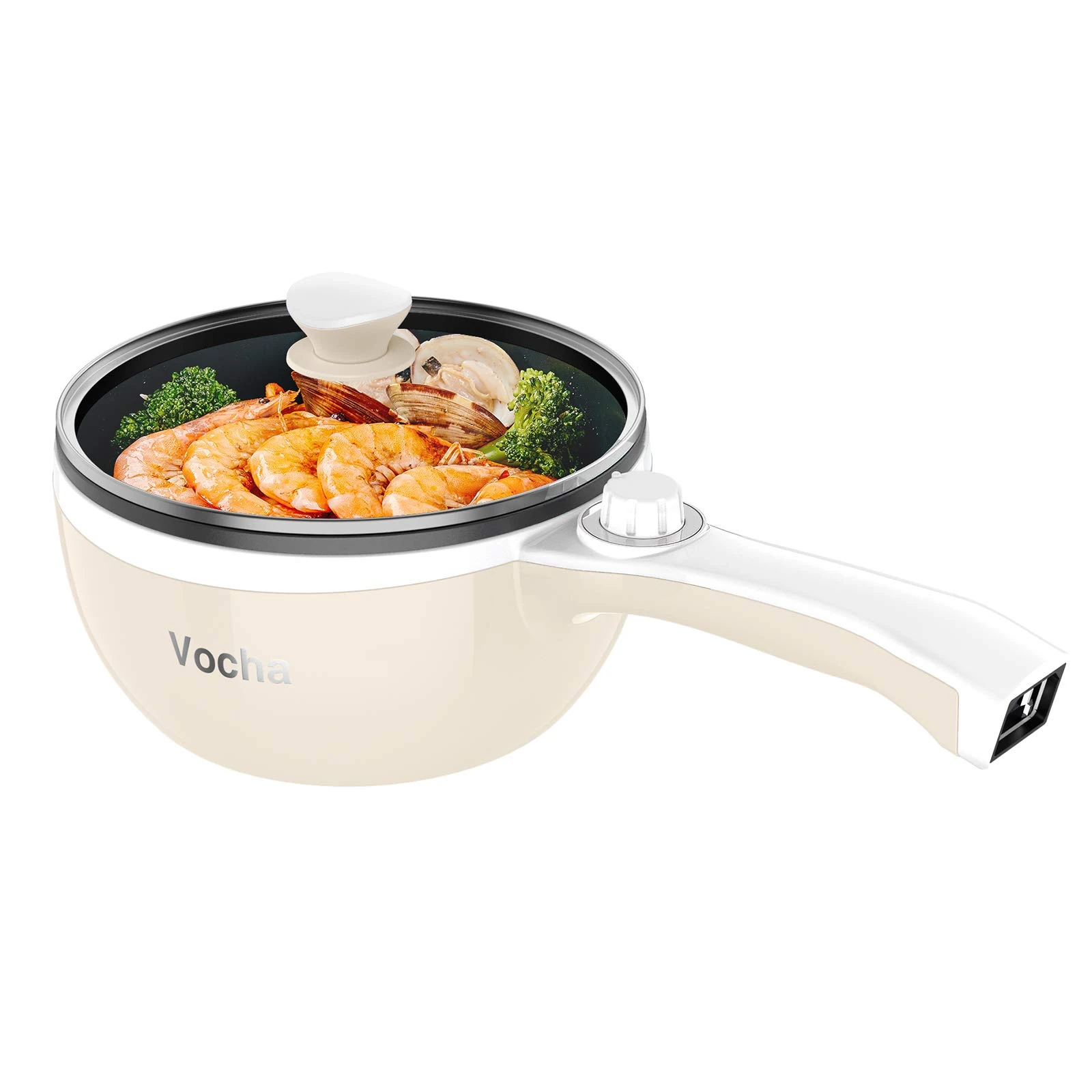 Vocha Electric Hot Pot, 1.5L Mini Portable Electric Pan Non-Stick, Multi-Cooker with Lid for Travel/Dormitory, Silicone Spatula Included (Beige)