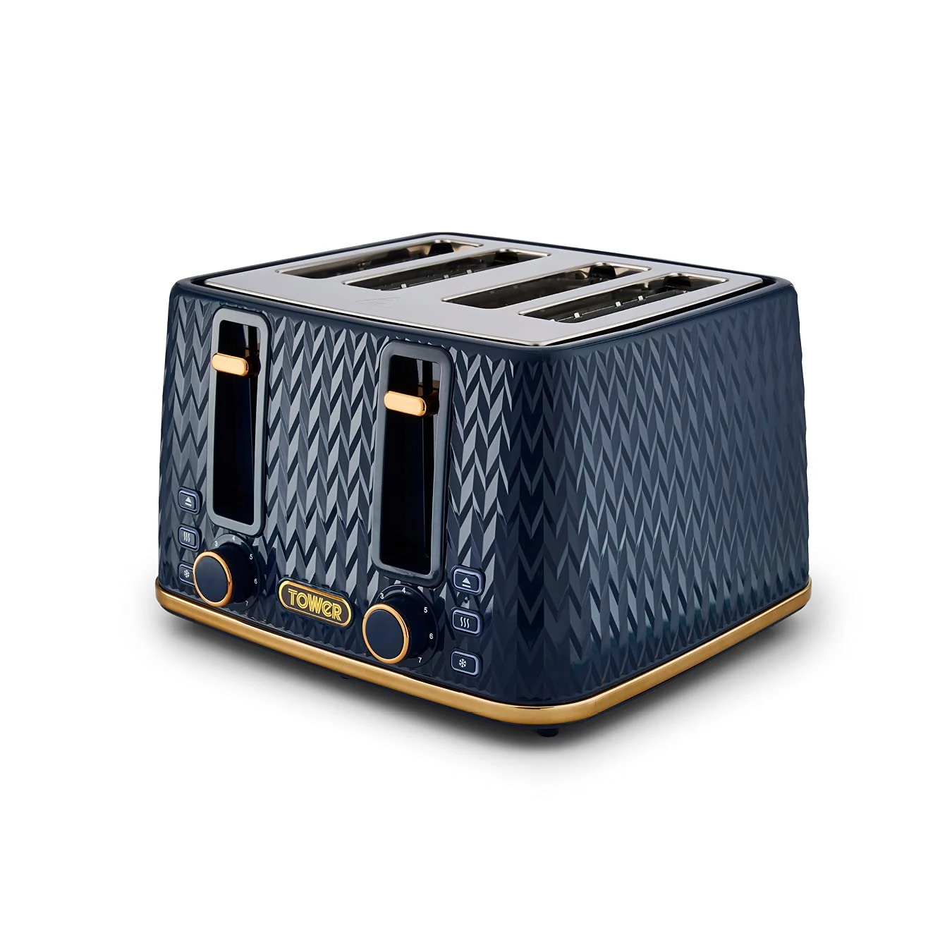 Tower T20061MNB Empire 4-Slice Toaster with Defrost/Reheat, Removable Crumb Trays, 1600W, Midnight Blue and Brass