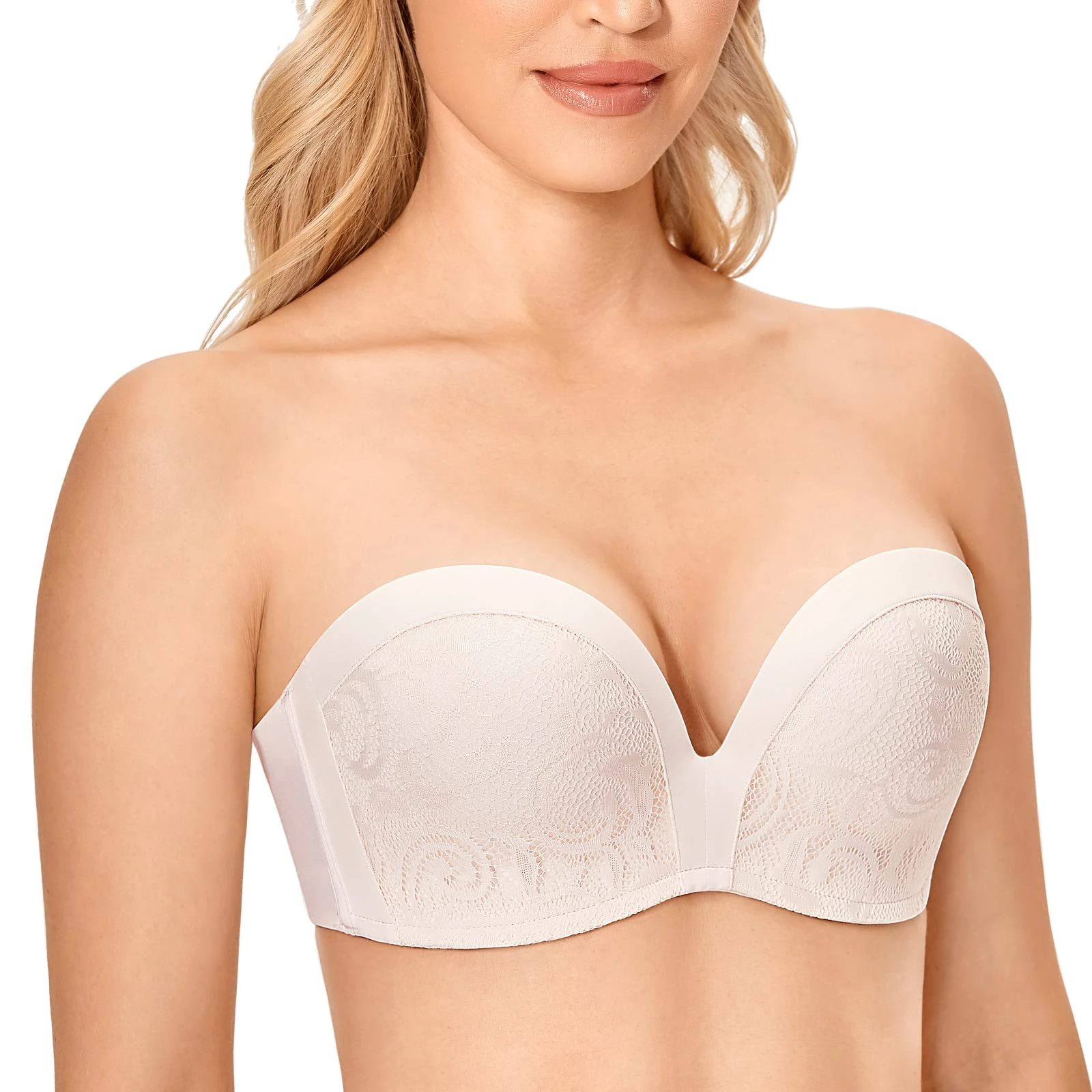 Delimira Women's Strapless Bra Padded Push Up Underwired Support Lift Plus Size Lace Bandeau Bra Rose White 42D