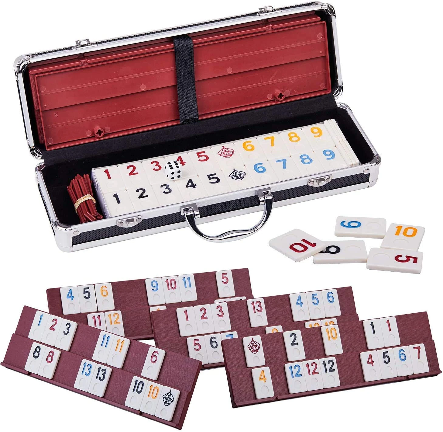 Doublefan Rummy Game Set Large Size With 106 Tiles And Four 2 Tier Playing Racks in Aluminum Case, Rummy Cube Games Set Travel/Camping Choice (2-6 Players)