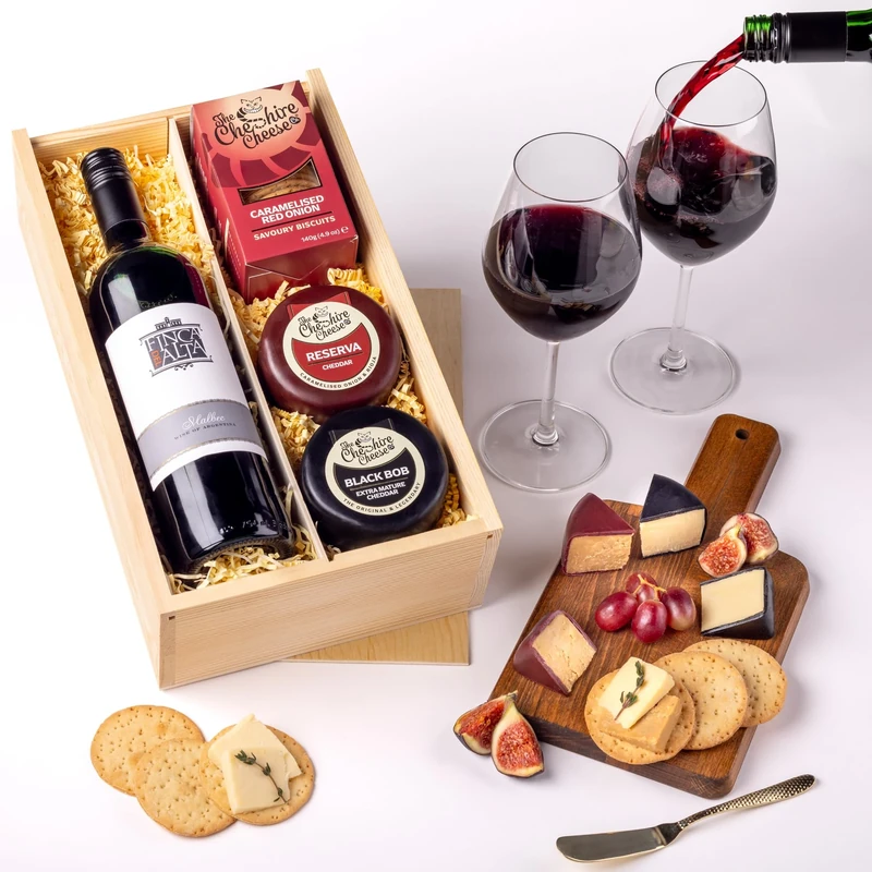 Cheshire Cheese Company | Duo of Cheese and Wine Gift Set – The Perfect Night In | Award Winning 2 Cheeses, 1 Biscuits & Red Wine Gift Set in Presentation Box | Luxury Food Hamper for Birthdays & more