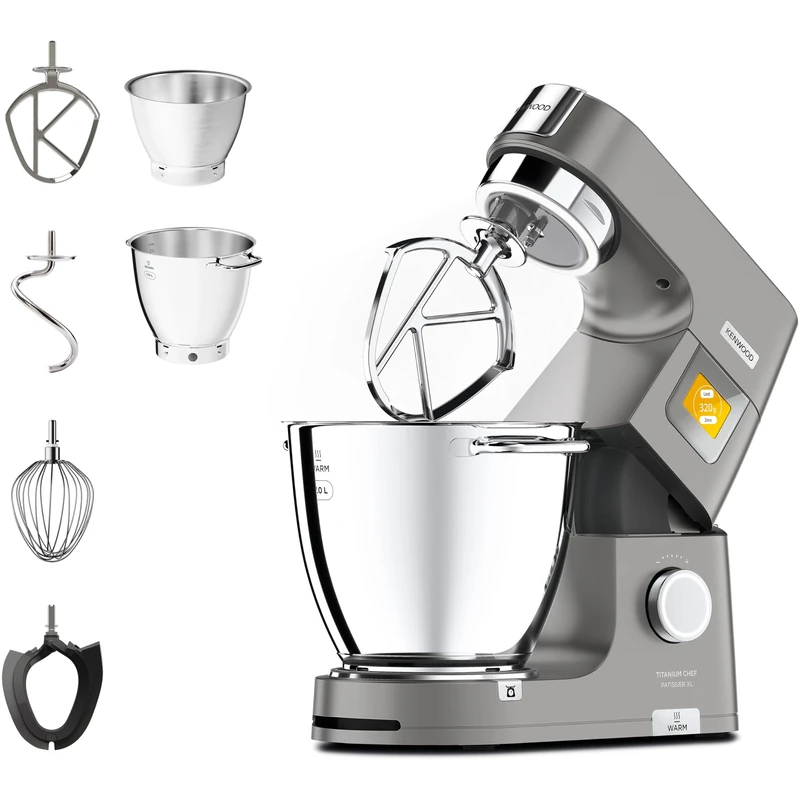 Kenwood Titanium Chef Patissier XL Stand Mixer for Baking- Powerful Food Mixer, With K-Beater, Dough Hook, Whisk, and 2 Bowls 5L and 7L, KWL90.004SI, 1400W, Silver