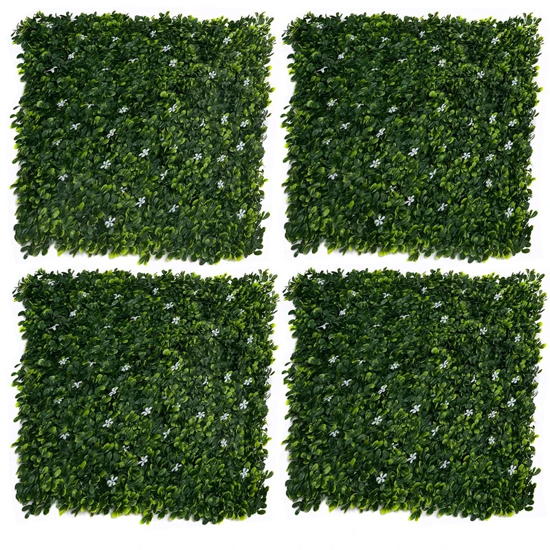 GreenBrokers White Artificial Green Wall Hedge with Small Flowers (Pack of 4) -UV Stable Vertical Garden