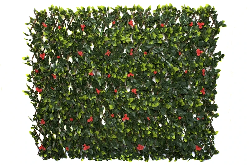 GreenBrokers Trellis Artificial Expanding Willow Fence with Green Leaf Foliage and Red Flowers (1m x 2m) -UV Stable, A1262-01