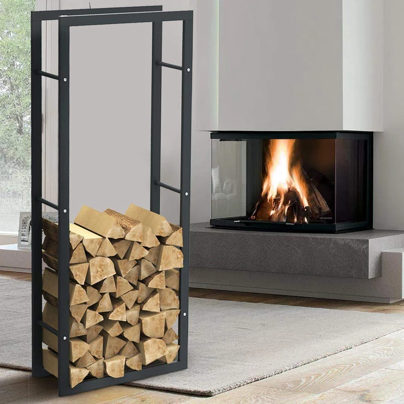 BAKAJI Vertical Wood Rack Shelf Holder Rectangular Metal Wood Door Outdoor Wood House Garden Fireplace Fireplace Stove Modern Design (150 x 25 x 60 cm)