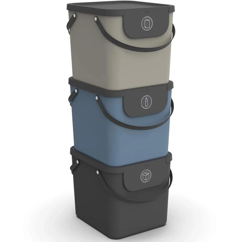 Rotho Albula Set of 3, Waste Separation System, 40 L for the Kitchen, Plastic (PP) BPA-Free, Anthracite/Blue/Cappuccino, 3 x 40 L (40.0 x 35.8 x 34.0 cm)