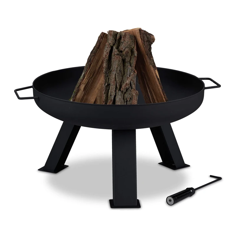 Relaxdays Fire Bowl with Diameter 60 cm, Including Poker, Firepit for Garden & Terrace, Round, Steel Flame Basket, Black