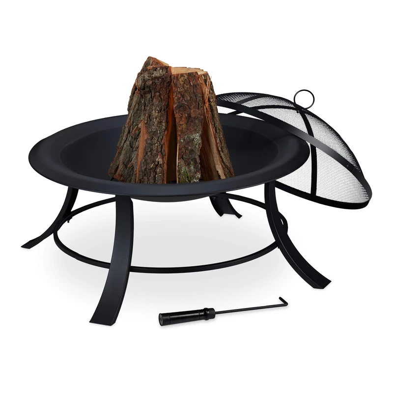 Relaxdays Fire Bowl with Spark Protection Lid and Poker, Ø 73.5 cm, for Picnics on the Garden and Terrasse, Bronze